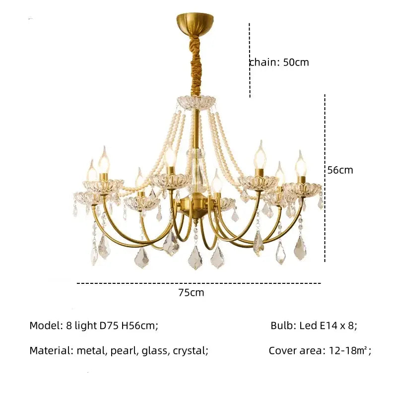 Luxury gold decorbites crystal led chandelier with eight candle-style leds, crystal droplets, and pearl-like beads for living rooms