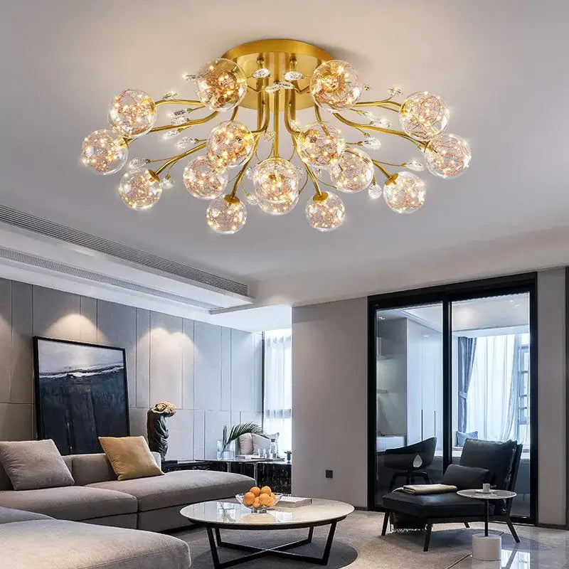 Luxury gold dendritic crystal ceiling lamp with clear glass globes and crystal accents for dining room decorbites ceiling lamp