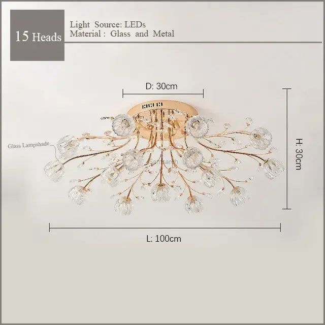 Luxury gold dendritic crystal ceiling lamp with 15 crystal glass shades in a branching floral design for dining room decorbites dendritic crystal