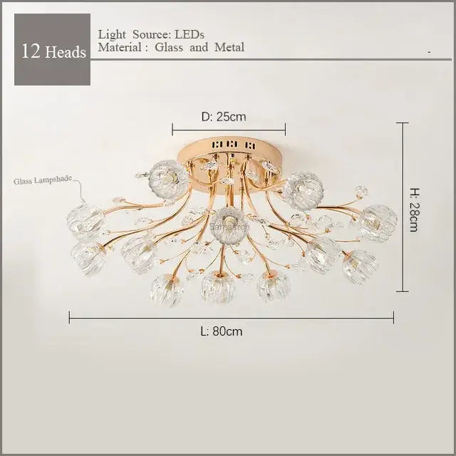 Luxury gold dendritic crystal ceiling lamp with 12 floral glass shades for dining room decorbites dendritic crystal ceiling