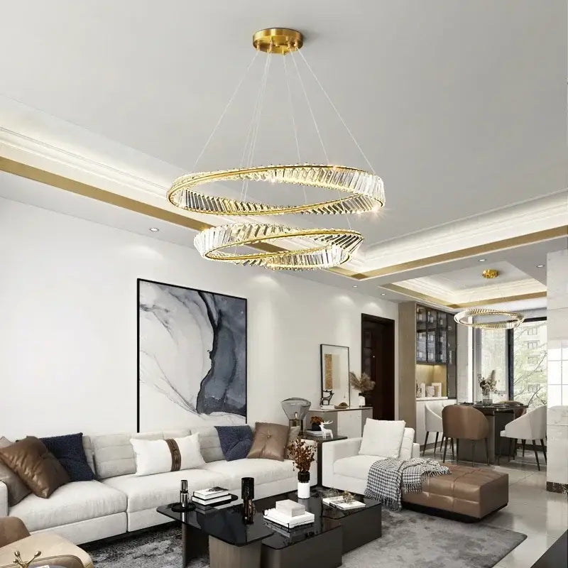 Luxury gold dna spiral crystal chandelier featuring gold-toned double-ring design with faceted crystal accents for living room decorbites dna spiral