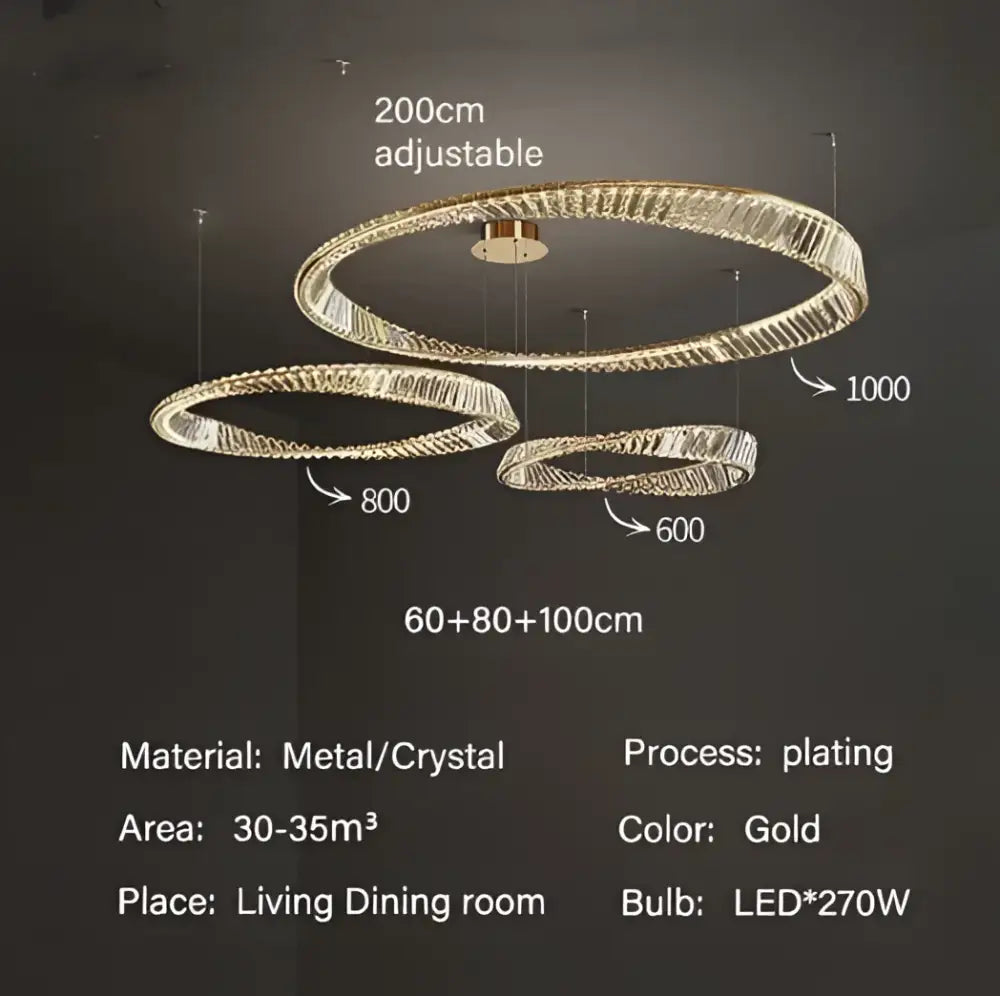 Luxury gold dna spiral crystal chandelier features gold-plated rings with crystal accents and adjustable sizes for living room decorbites dna spiral