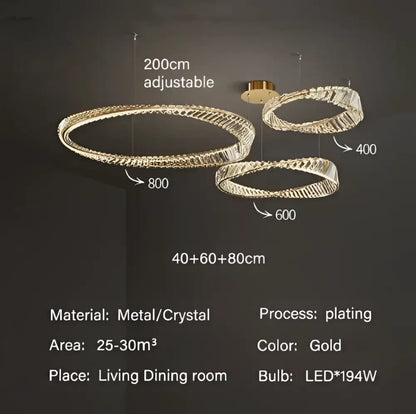 Luxury gold dna spiral crystal chandelier with three adjustable gold-plated metal rings for living room decorbites dna spiral