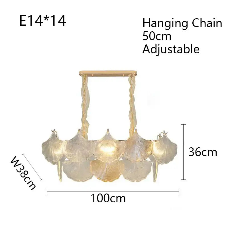Luxury gold glass shell ceiling pendant light with five translucent leaf-shaped shades suspended by twisted chains