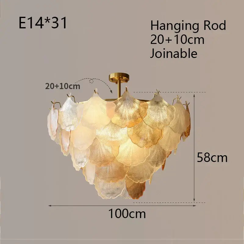 Luxury gold glass shell ceiling pendant light featuring a tiered design with iridescent shell shades in soft gold and cream