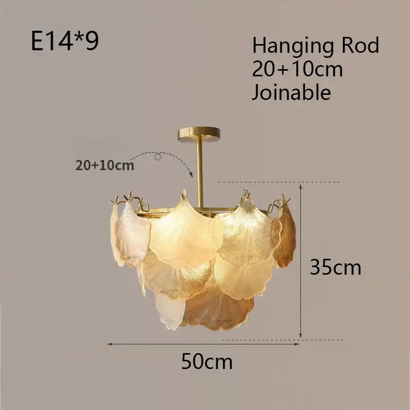 Luxury gold glass shell ceiling pendant light with layered translucent leaf-shaped glass shades in cascading design