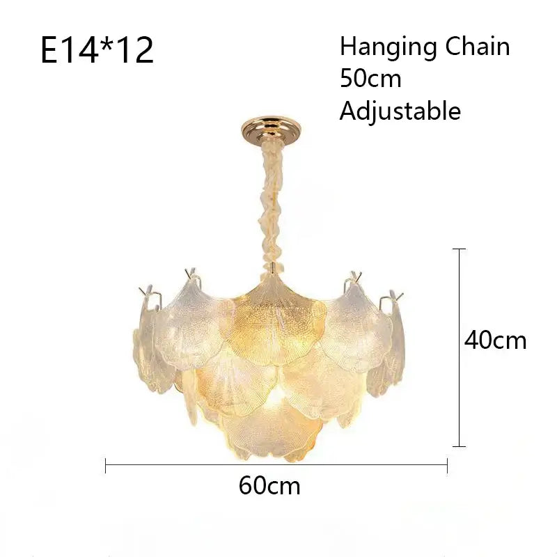 Luxury gold glass shell ceiling pendant light with delicate translucent glass and adjustable hanging chain for bedroom
