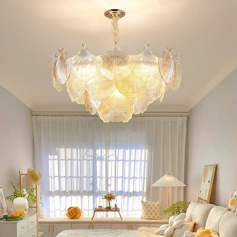 Luxury gold glass shell ceiling pendant light featuring delicate translucent scalloped shades and warm illumination