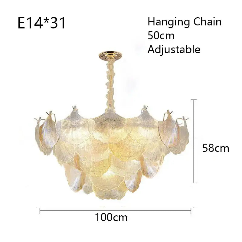 Elegant gold glass shell ceiling pendant light featuring layered translucent shell shades in a cascading design for bedroom
