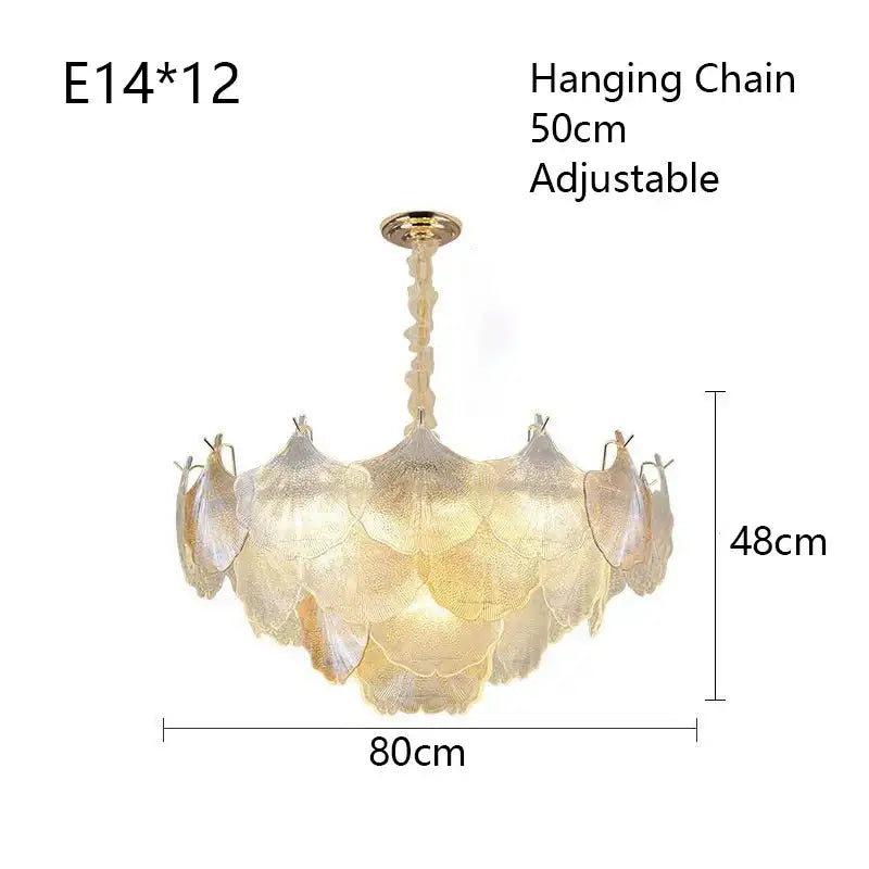 Elegant gold glass shell ceiling pendant light with delicate translucent leaf-shaped shades for bedroom use