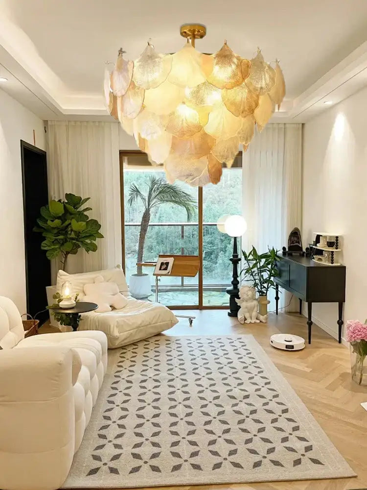 Luxury gold glass shell ceiling pendant light with translucent layered petals and brass fixture for bedroom
