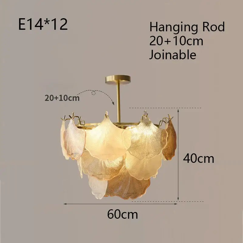 Luxury gold glass shell ceiling pendant light with layered translucent leaf-shaped glass shades for bedroom use