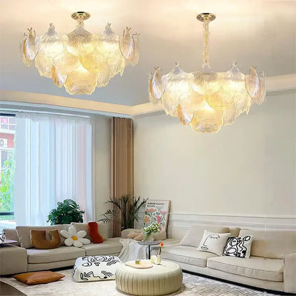 Two elegant translucent luxury gold glass shell ceiling pendant lights with petal design for bedroom use