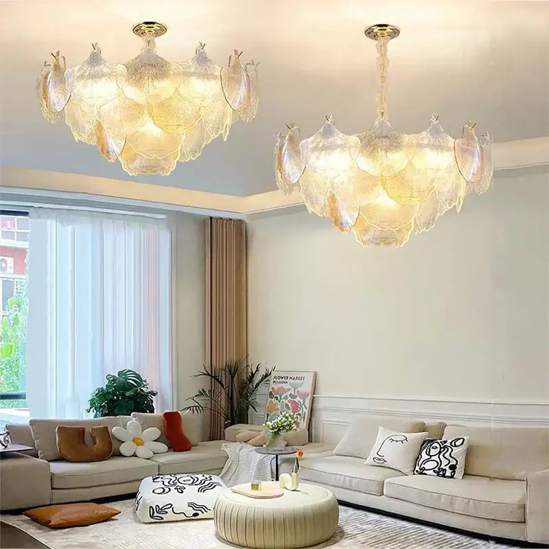 Two elegant translucent luxury gold glass shell ceiling pendant lights with petal design for bedroom use