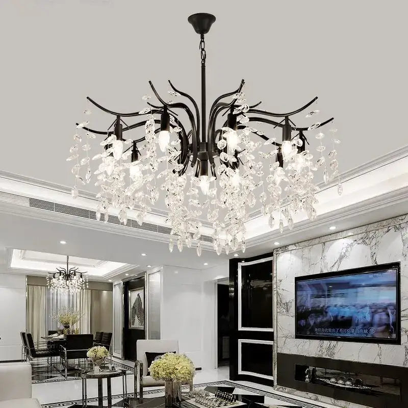Black wrought iron luxury gold leaf decorbites crystal led chandelier with cascading clear crystal droplets for living room light