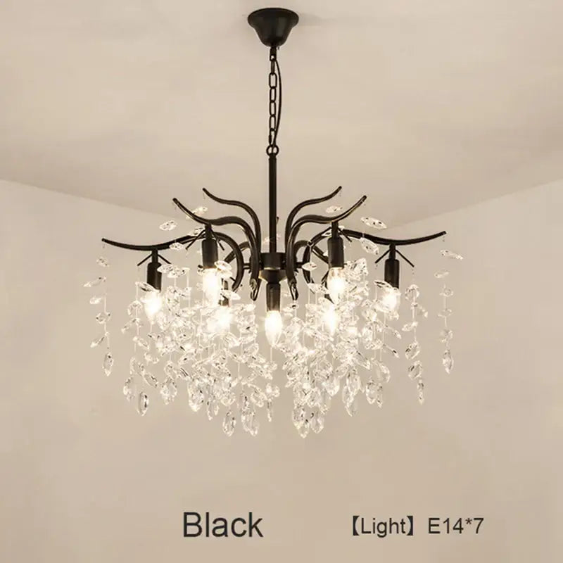 Black wrought iron luxury decorbites crystal led chandelier with cascading clear crystal droplets for living room light