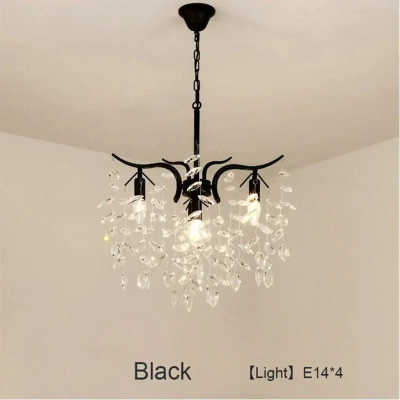 Black wrought iron decorbites crystal led chandelier with gold leaf accents and dangling crystal droplets for living room light