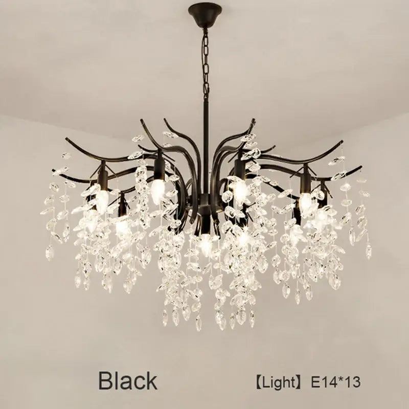 Black wrought iron decorbites crystal led chandelier with cascading crystal droplets for luxury living room decor
