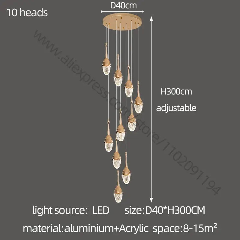 Luxury gold led staircase chandelier with ten crystal-encrusted teardrop light heads on aluminum mount by decorbites gold led