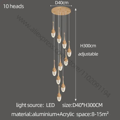 Luxury gold led staircase chandelier with ten crystal-encrusted teardrop light heads on aluminum mount by decorbites gold led