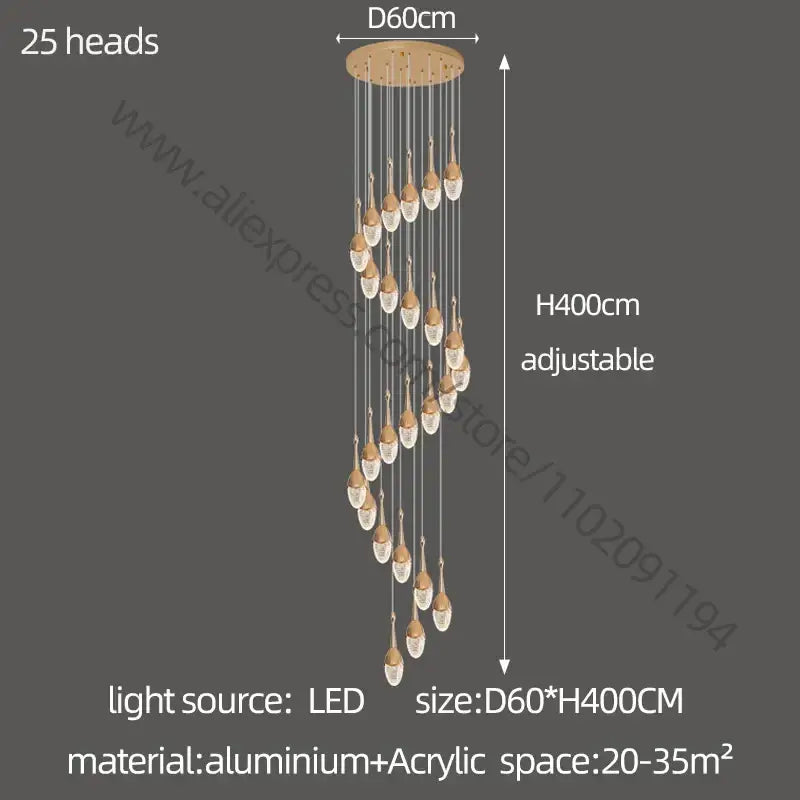 Luxury gold led staircase chandelier with 25 adjustable heads, brass-toned aluminum base, and teardrop acrylic lights by decorbites gold led