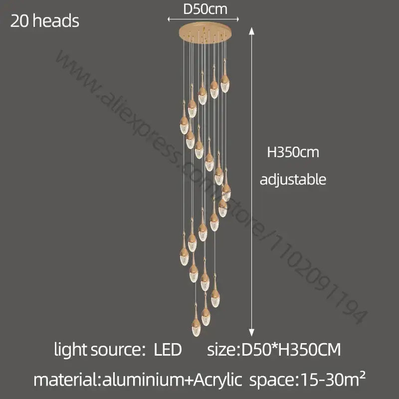 Luxury gold led staircase chandelier with 20 crystal heads and adjustable circular aluminum base by decorbites gold led