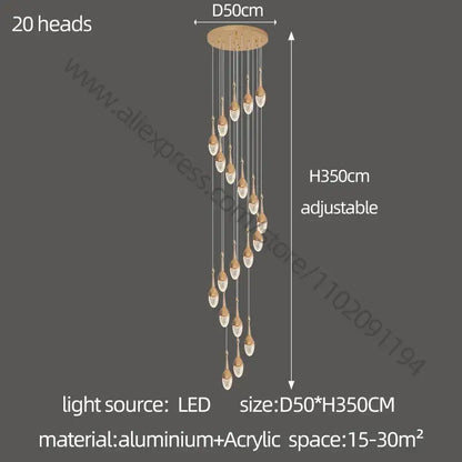 Luxury gold led staircase chandelier with 20 crystal heads and adjustable circular aluminum base by decorbites gold led