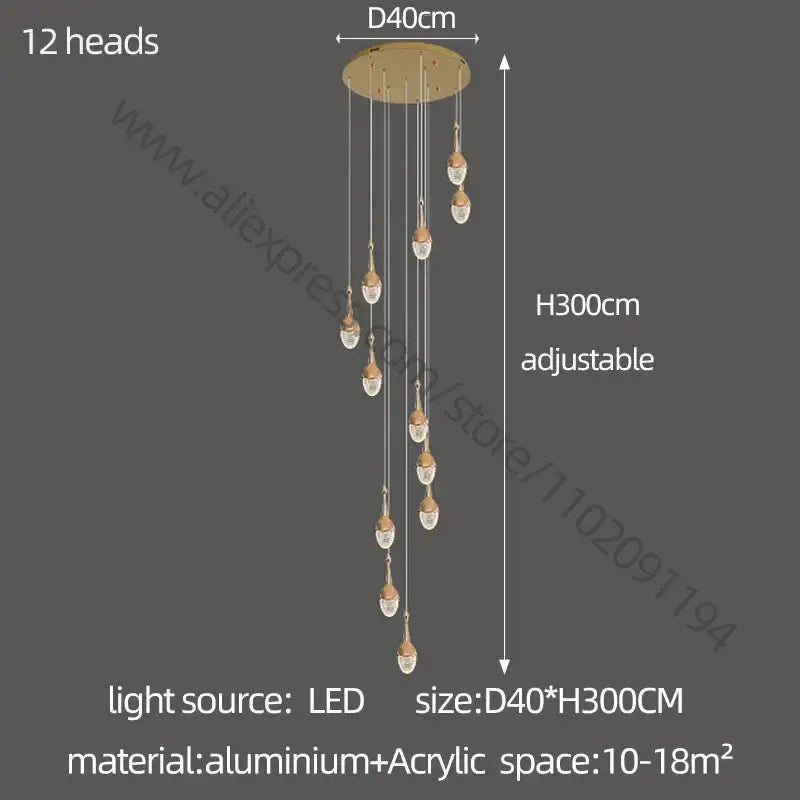 Luxury gold led staircase chandelier with 12 crystal-encased light heads and adjustable aluminum mount by decorbites gold led