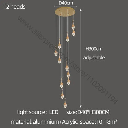 Luxury gold led staircase chandelier with 12 crystal-encased light heads and adjustable aluminum mount by decorbites gold led