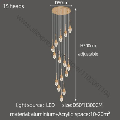 Luxury gold led staircase chandelier with 15 adjustable heads, circular wooden base, and hanging acrylic crystal pendants decorbites gold led
