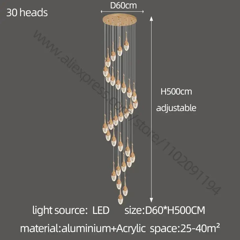 Luxury gold led staircase chandelier with 30 adjustable heads and teardrop acrylic fixtures for modern decorbites gold led decor