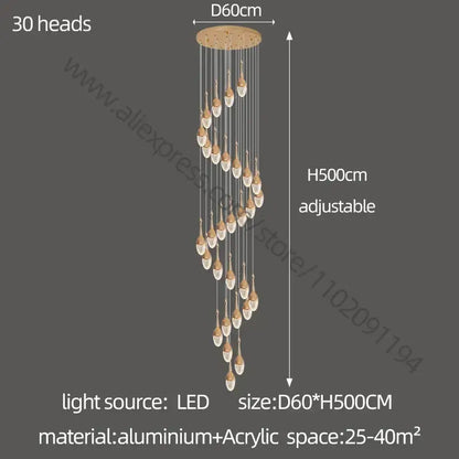 Luxury gold led staircase chandelier with 30 adjustable heads and teardrop acrylic fixtures for modern decorbites gold led decor