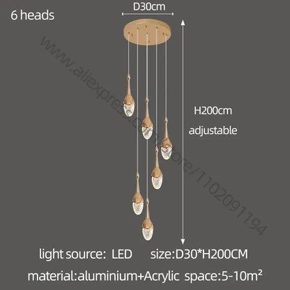 Luxury gold led staircase chandelier with six crystal teardrop light heads on a gold aluminum ceiling mount by decorbites gold led