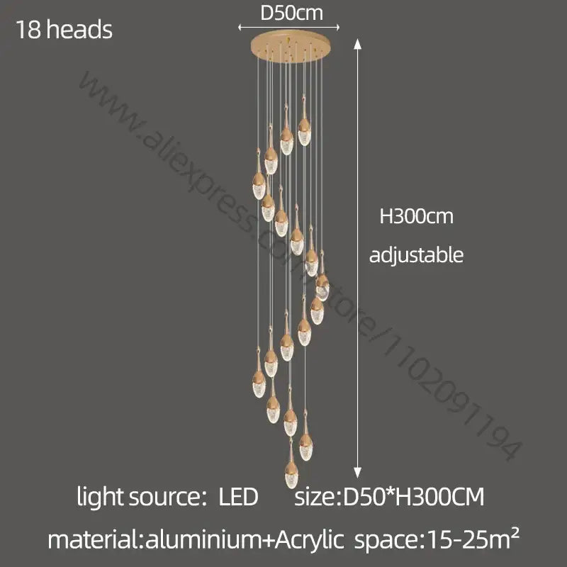 Luxury gold led staircase chandelier with 18 teardrop-shaped led lights suspended from circular aluminum base decorbites gold led