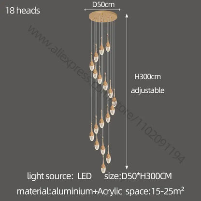 Luxury gold led staircase chandelier with 18 teardrop-shaped led lights suspended from circular aluminum base decorbites gold led