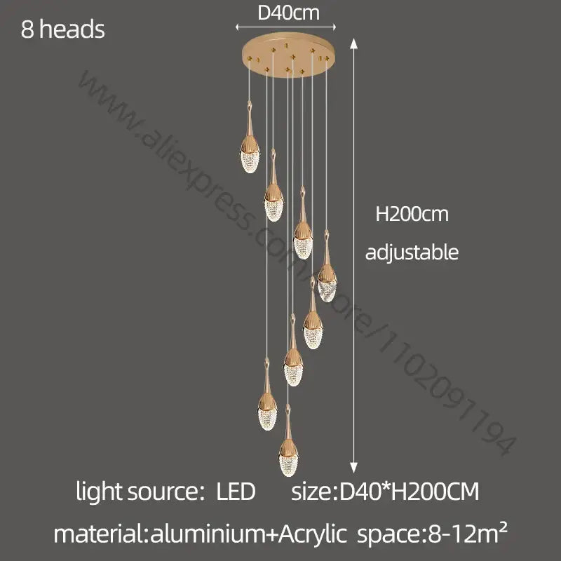 Luxury gold led staircase chandelier with eight crystal-encrusted lamp heads and adjustable aluminum ceiling mount decorbites gold led
