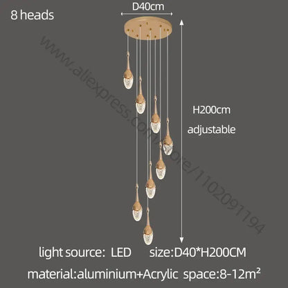 Luxury gold led staircase chandelier with eight crystal-encrusted lamp heads and adjustable aluminum ceiling mount decorbites gold led