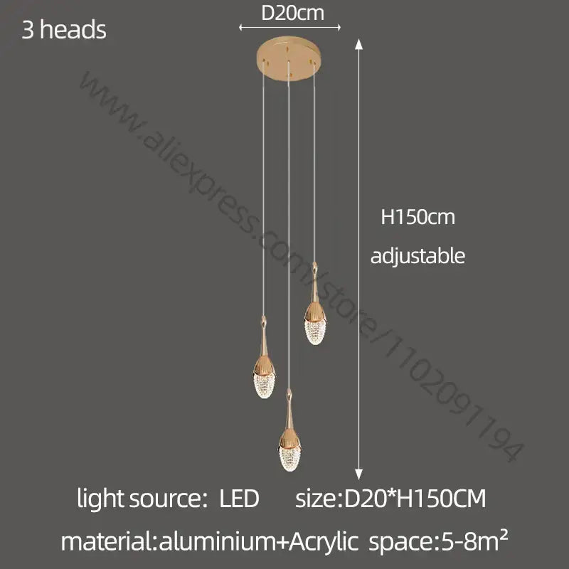 Luxury gold led staircase chandelier featuring a gold-toned pendant with three crystal teardrops on aluminum mount by decorbites gold led