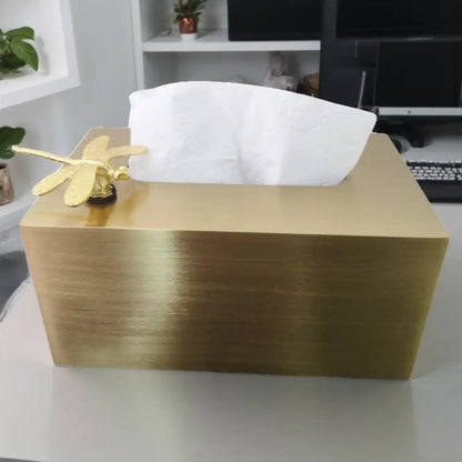 Luxury gold metal tissue box with decorative dragonfly ornament for elegant living room storage and decor