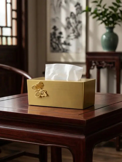 Luxury gold metal rectangular tissue box with ornate butterfly embellishment for living room storage with deer figurine