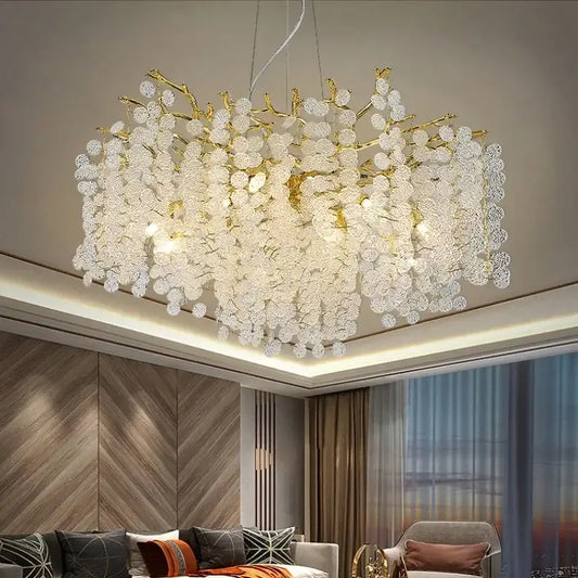 Luxury gold money tree crystal chandelier with intricate gold-toned blossoms for elegant living room decor