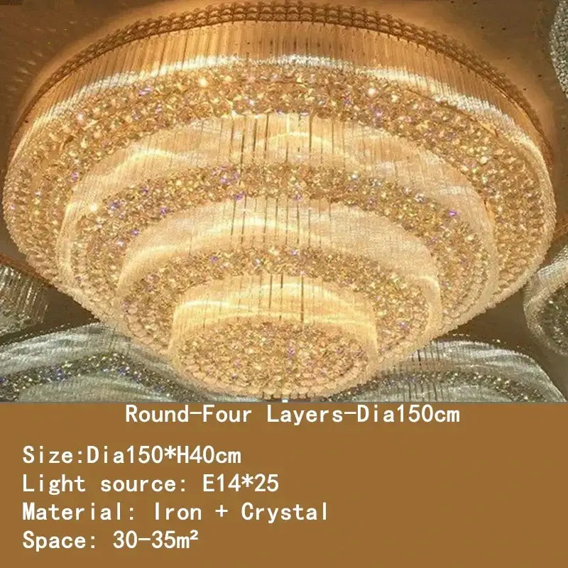 Luxury gold multi-tiered crystal led chandelier with four layers of sparkling crystals and a golden iron frame for living room