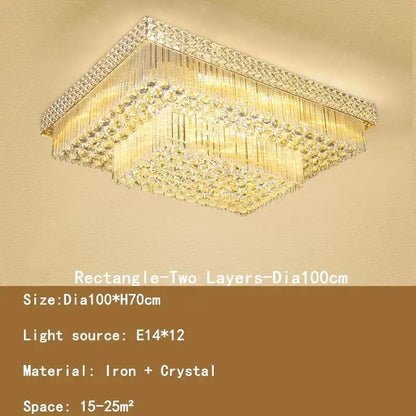 Luxury gold multi-tiered rectangular two-layer crystal led chandelier with iron frame and clear crystals for living room