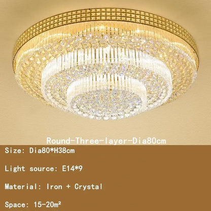 Luxury gold multi-tiered crystal led chandelier with intricate iron frame and cascading clear crystals for living room