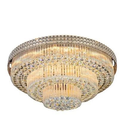 Luxury gold multi-tiered crystal led chandelier with clear faceted crystals creating a warm glow for living room