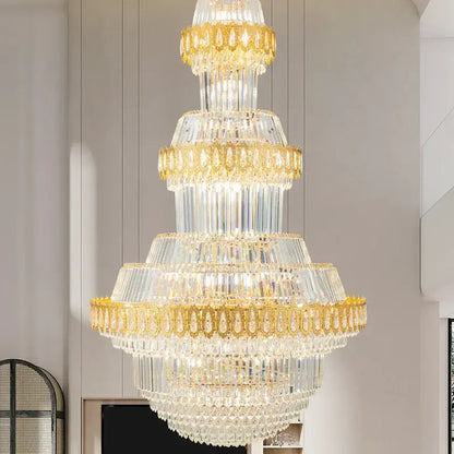 Luxury gold multi-tiered decorbites crystal chandelier with cascading clear prisms for elegant living room decor