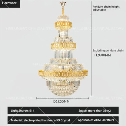 Luxury gold multi-tiered decorbites crystal chandelier with clear crystals and adjustable pendant chains for living room