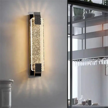 Luxury gold rectangular crystal wall lamp with textured gold-tinged glass and black metal decorbites crystal wall lamp