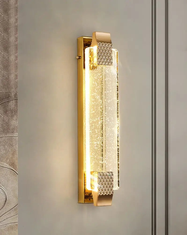 Luxury gold rectangular crystal wall lamp with textured sparkling crystal panel and geometric decorbites crystal wall accents