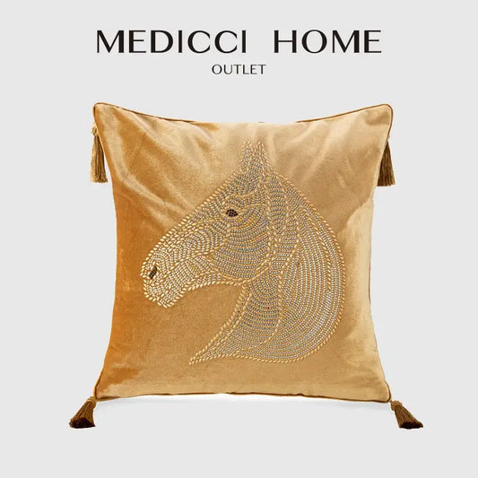 Luxury gold rhinestone square pillow with intricately beaded horse head design and tassels for decorbites gold rhinestone decor